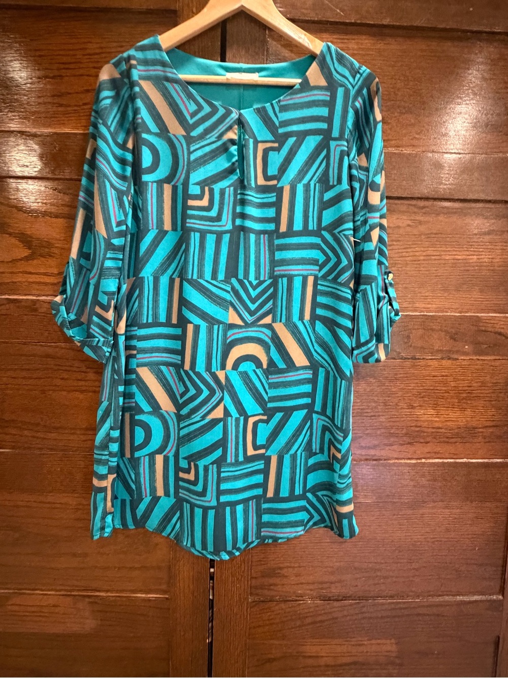 Everly small shift dress 3/4 sleeve lined Teal Geometric Mini Dress anthropology